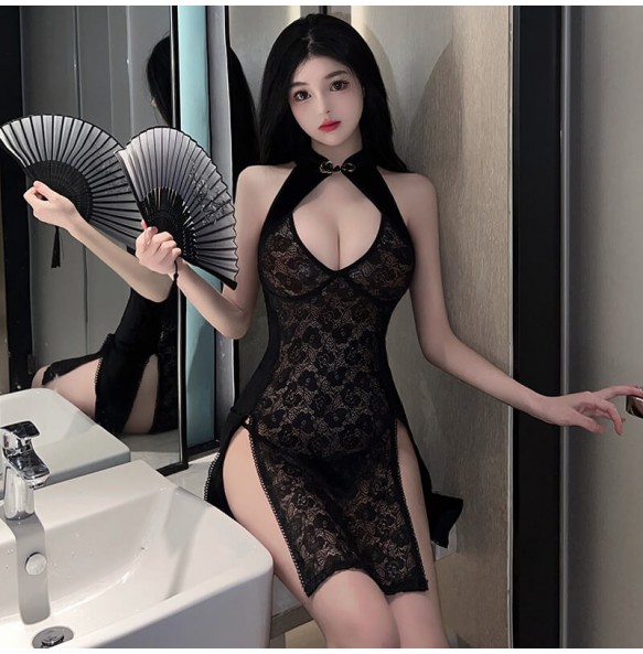 FEE ET MOI - Vintage Velvet Lace Slit Cheongsam (Black)